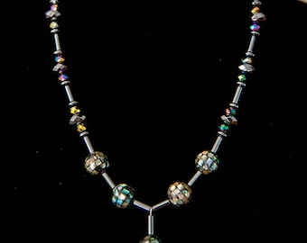 Mother of Pearl Mosaic Necklace - Swarovski AB Crystals and Hematite