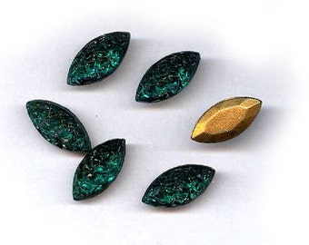 vintage NAVETTE RHINESTONES deep green foil back bumpy feel 15mm x 8mm old navette stones TEN navettes