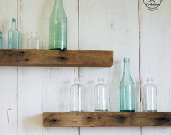 24" Chunky Rustic Floating Shelf, Light Brown Barn Wood with Iron Stains, Reclaimed Wood 19th century