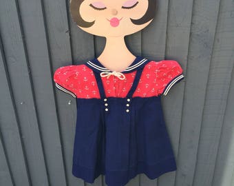 Stunning 1940s sailor dress girls 18 m - 2 years, A line pinafore style, anchor print, red & navy, vintage