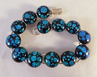 8 Inch Teal Blue and Black Dichroic Fused Glass Bracelet, Fused Glass, Fused Glass Bracelet, Glass Bracelet, Dichroic Bracelet, Dichroic