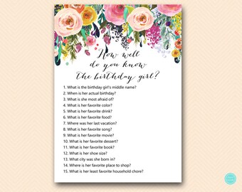 Floral Girl Birthday Party Games, Who knows the Birthday Girl Best, How well do you know the birthday girl, Instant Download BP138