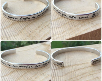 we have hope as an anchor for the soul - Hand stamped cuff, inspirational, anchor, hope, flourish, personalised, hebrews 6:19, firm, secure