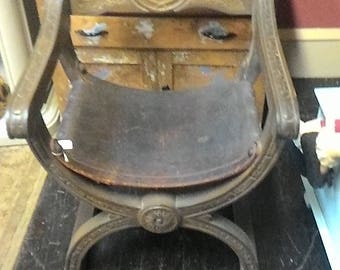 Vintage Renaissance Revival Style Solid Wood and Leather Carved Throne Arm Chair