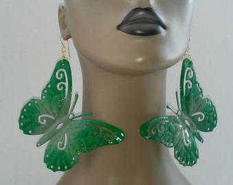 Gorgeous Multicolor Green and Olive Green Hand Painted Aluminum Butterfly Earrings, Large Earrings, Women's Earrings, Fashion Earrings