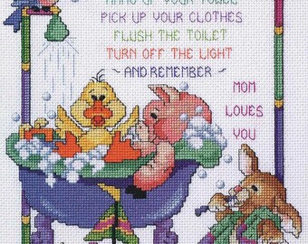 Cross Stitch Kit - BATHTIME RULES - Janlynn Counted Cross Stitch Kit, Bubble Bath Needlework Kit, bathroom cross stitch bath time