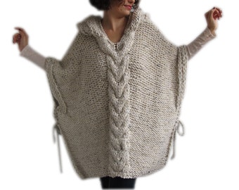 Tweed Beige Hand Knitted Poncho with Hood