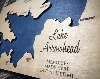 Lake Arrowhead, California 3-D Lake Sign - Handmade Custom 3-d Wood Map with Compass and Lake Name Engraved - North Idaho Made