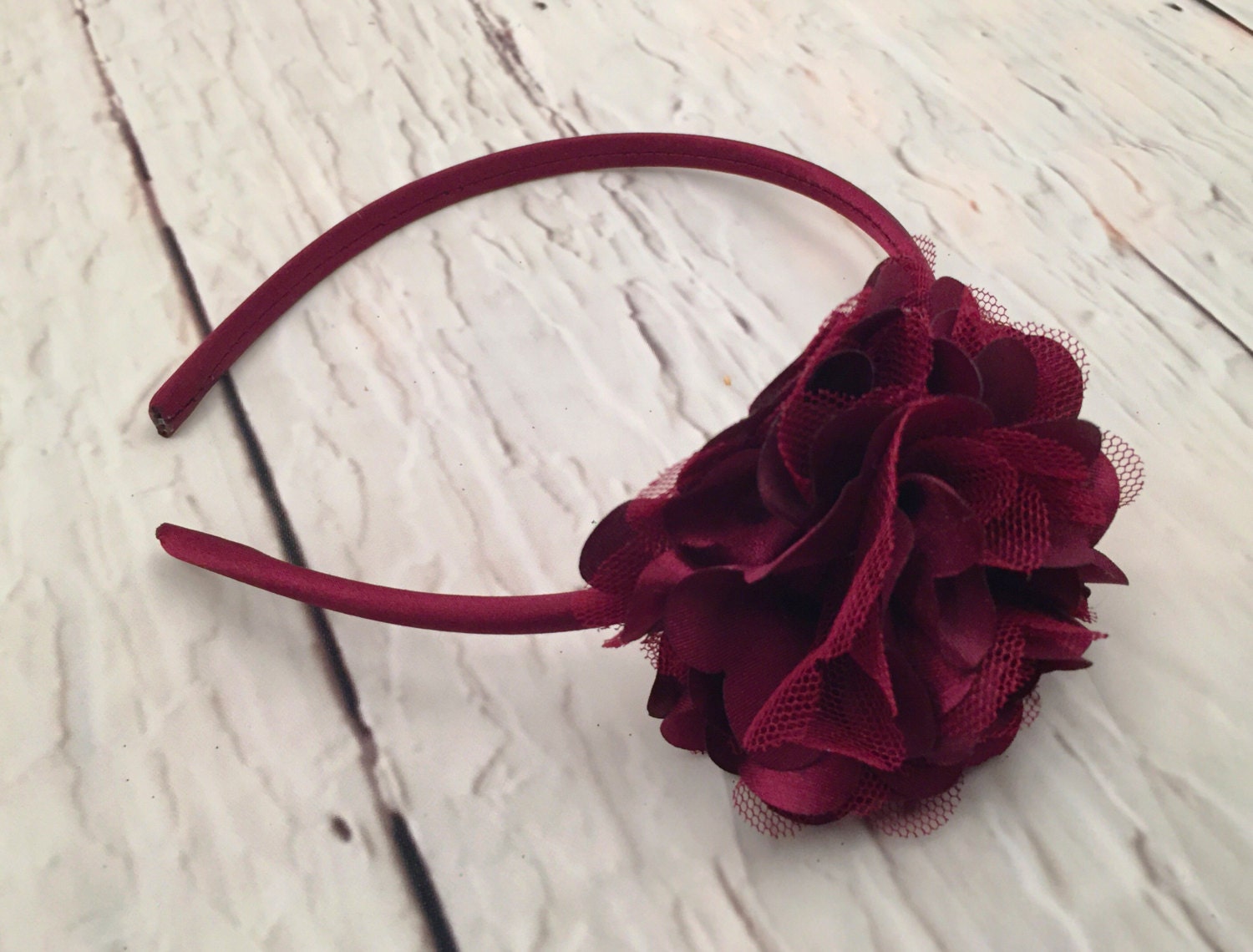 Wine Flower Headband Burgandy Satin Mesh Flower Big Flower
