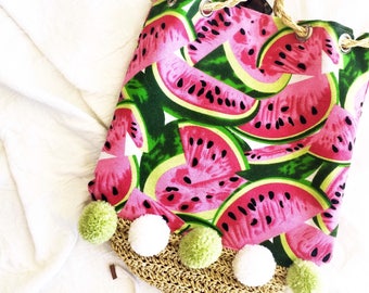Pompom straw bag, canvas tote bag, watermelon print bag, pompom bag, beach bag, holiday bag, summer bag