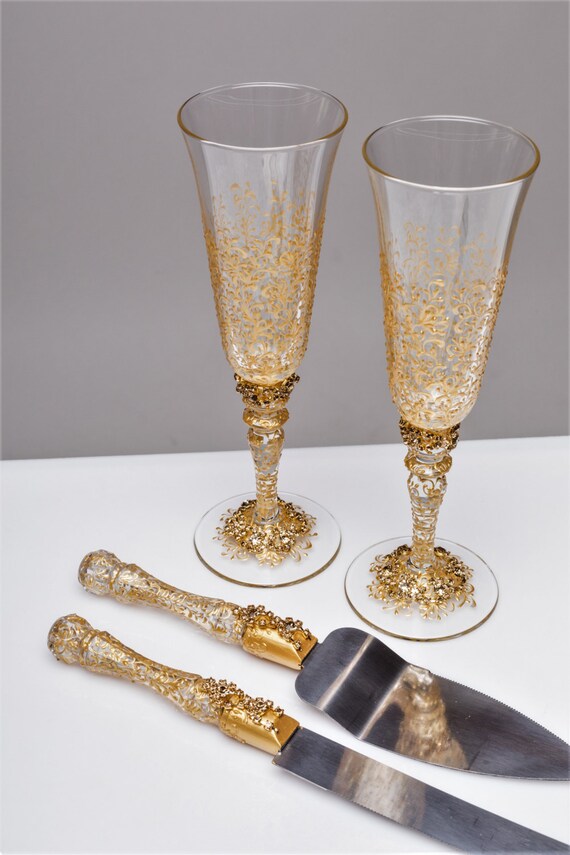  Wedding  glasses and Cake  Server Set  cake  knife  gold  bride and