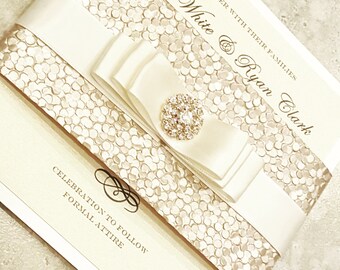Stunning Pebbles Gold and Ivory Wedding Invitation. Champagne Wedding Card. Gold Jewel Wedding Invite.. Bilingual
