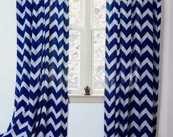Curtain Chevron SAMPLE SALE SINGLE indigo blue Zig Zag Panel Window Curtains, Hand Print- 44"w x 108"L - Block Printed with Natural dyes
