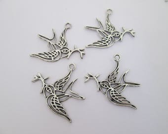 4 breloque oiseau colombe 32 x 32 mm en métal argenté