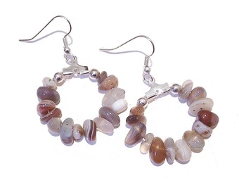 Gemstone Chip Hoop Earrings 25mm - Botswana Agate