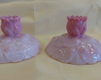 Pair of Vintage Fenton Pink Water Lily Candlesticks