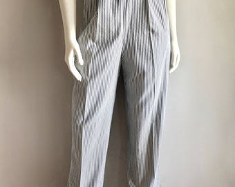 Vintage Women's 80's Striped Pants, High Waisted, White, Gray by Norm Thompson (M/L)