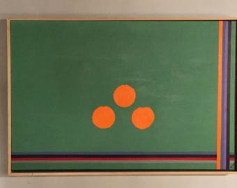 SOLD: 37W X 2 1/2 D X 25L signed Herman Kahan Painting of Lines and Oranges