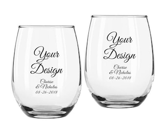 Set of 12 9-ounce Personalized "Your Design" Custom Stemless Wine Glasses ++ Personalized Glassware ++ Party Favors ++ Custom Wine Glasses