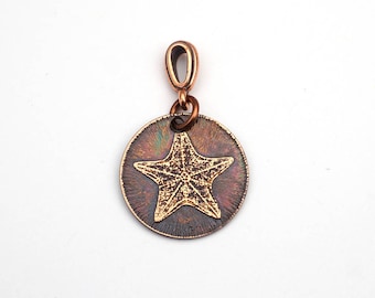 Small starfish pendant, round etched jewelry, optional necklace, 22mm