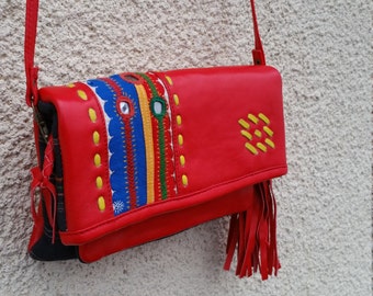 SALE Quirky Cross Body Bag with Vintage Karnataka Textile, Karnataka Bag, Leather Bag with Vintage Textile