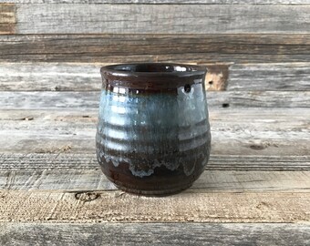 Vintage Hanging Planter Blue Brown Drip Glaze