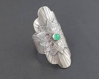 Chrysophrase Mandala Saddle Ring, Size 9 ring, sterling silver, chrysophrase ring, mandala, boho, bohemian ring, michele grady, saddle ring