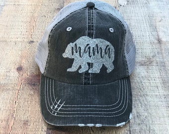 Mama Bear Hat, Mama Bear, Beach Hat, Cap, Bear, Bling Hat, Summer Hat, Bling Hat, Woman's Trucker Hat, Mom of Boys, Mom of Girls, Mama Hat