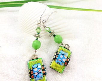 Dichroic fused glass earrings, Lime green earrings, Fused glass jewelry, Dichroic beads, Hana Sakura, Glass fusion,Unusual earrings,handmade