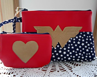 Vegan Leather Wristlet Set,Wedding Bridal Smart phone Case Gadget Pouch Clutch Made in USA Wonder Woman