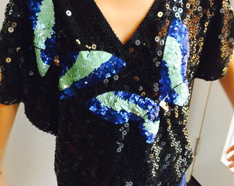 Vintage 80s Sequin Top With Butterflies/Vintage Sequinned Top/Butterfly Hem Top/Batwing Sequin Top