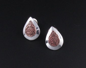 Sterling Silver Teardrop Earrings, Silver and Copper Earrings, Mixed Metal Earrings, Scrolled Earrings