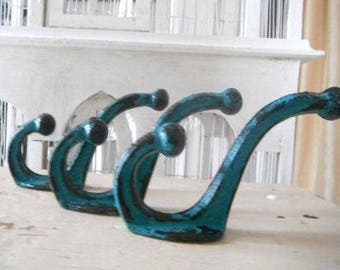 coat hooks wall hooks turquoise coat hooks shabby decor chic hooks painted cast iron trio cast iron decor rustic farmhouse distressed look