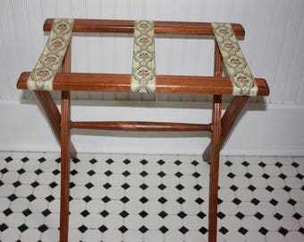 Vintage Luggage Stand, Wood Folding Luggage Rack, Floral Fabric Straps, Wood Folding Blanket or Quilt Stand, Suitcase or Blanket Stand