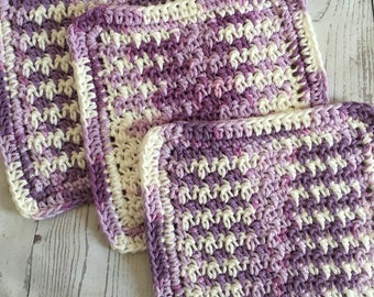 Purple Wash Cloths Kitchen Cotton Dish Cloths Baby Cloths Crochet Wash Cloth Set of 3 Made to Order
