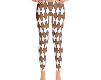 Brown and White Harlequin Diamond Geometric Leggings by Dixie Cloth