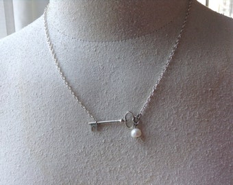 Sideways Skeleton Key Necklace with a Pearl