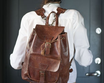 Huge Genuine Leather Backpack Vintage. Rustic Leather Backpack. Dark Brown leather rucksack. Unisex Leather Travel Backpack Hipster Daypack