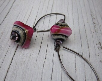 HOT PINK Earrings, Iridescent Lampwork Earrings, Murano Glass Dangle Earrings, Handcrafted Jewelry, Glass Drop Earrings, Handmade Jewelry