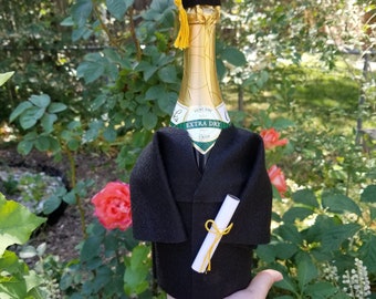 Graduation Cap and Gown Champagne Bottle Cover w/ Tassel and Diploma