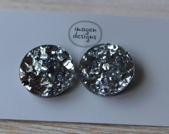 Chunky silver 3cm glitter acrylic statement stud earrings - hypoallergenic posts