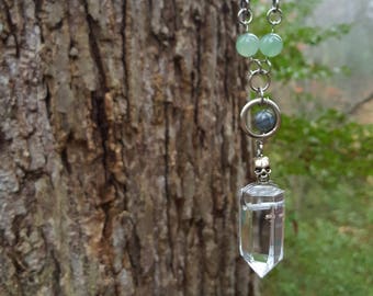 Quartz crystal with labradorite and adventurine beads
