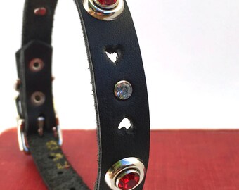 Bleeding Heart Black Leather Dog Collar with Rhinestones, Size S, to fit a 10-13in Neck, Small Dog, EcoFriendly, OOAK