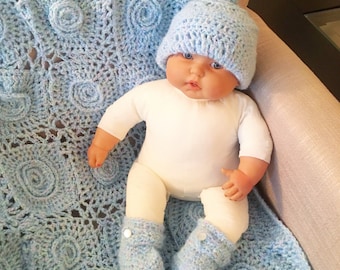 Organic Baby Crochet Blanket and Knit Hat and Booties Set