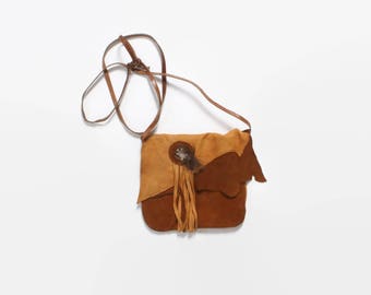 Vintage 70s Leather PURSE / 1970s Deerskin Native StyleFeathered Boho Shoulder Bag