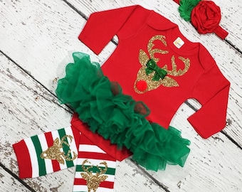 Christmas Reindeer outfit.Reindeer baby girl Bodysuit set,,Reindeer Christmas set.Reindeer legwarmer,Reindeer Holiday outfit
