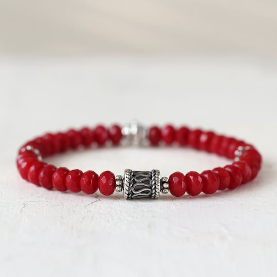 Red Coral Bracelet - Gemstone Stretch Bracelet - Silver & Red Stone Bracelet - Stacking Bracelet - Coral Jewelry - Bracelet for Her LAST ONE