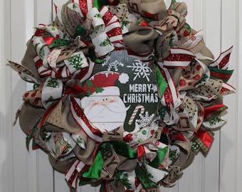 Extra Large burlap Christmas Holiday wreath. Burlap Santa Merry Christmas wreath
