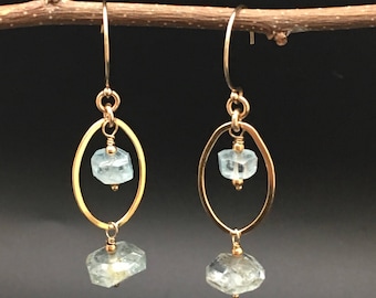 Aquamarine earrings, gold earrings, March birthstone earrings, OOAK earrings,Artisan gemstone earrings, earrings under 100