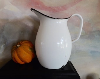 Large Vintage White Enamel Pitcher Shabby Chic Or French Country Decor